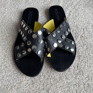 Sol Sana Black Leather Slides with Silver Accents